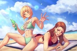 2023 2girls alternate_costume alternate_hairstyle applying_sunscreen artist_name ass beach bikini blonde_hair blunt_bangs blunt_ends blush breasts brown_hair cleavage cloud commentary day dorothea_arnault earrings english_commentary female female_only fire_emblem fire_emblem:_three_houses fire_emblem_warriors:_three_hopes green_bikini green_eyes highres ingrid_brandl_galatea jewelry light-skinned_female light_skin long_hair lotion lying lying_on_stomach medium_breasts multiple_girls nail_polish navel nintendo official_alternate_hairstyle on_stomach open_mouth outdoors phrecklesart red_bikini red_nails sand sea shocked short_hair sitting sunscreen suntan_lotion swimsuit teeth tongue towel water watermark