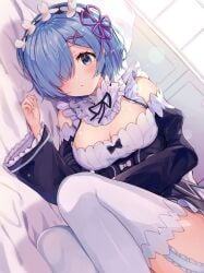 1girls 2020 2020s :o bed bedroom blush breasts cleavage female garter_straps hair_ornament hair_ribbon hi_res indoors large_breasts light-skinned_female light_skin looking_at_viewer lying maid maid_headdress matching_hair/eyes on_bed on_side one_eye_covered racchi re:zero_kara_hajimeru_isekai_seikatsu rem_(re:zero) ribbon roswaal_mansion_maid_uniform short_hair solo teenage_girl teenager thighhighs thighs x_hair_ornament