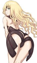 10s 1girls 2018 ass ass_focus back between_legs blonde_hair breasts cameltoe cowboy_shot eyepatch from_behind green_eyes hand_between_legs jinrai_(owl12) leaning_forward light-skinned_female light_frown light_skin long_hair looking_at_viewer looking_back othinus_(to_aru_majutsu_no_index) revealing_clothes shoulder_blades small_breasts solo thighs to_aru_majutsu_no_index wavy_hair white_background