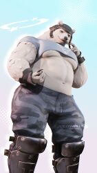 1boy 2023 3d 3d_(artwork) abs absurd_res anthro arca_(musician) armor barazoku bear biceps biped black_nose bottomwear clothing crop_top digital_media_(artwork) dollymolly323 epic_games fortnite fur gay headgear helmet hi_res low-angle_view male male_only mammal muscular muscular_anthro muscular_male navel pants pecs polar_bear polar_patroller shirt smile solo topwear ursine white_body white_fur