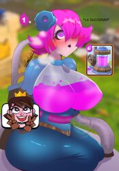 1girls andy_hero bell_haircut blush breasts_bigger_than_head clash_(series) clash_royale deep_blush double_v drool drooling elixir_collector glass hair_over_one_eye heart-shaped_pupils heavy_breathing horny huge_breasts humanized kneeling liquid mana mind_break naughty_face personification pleasure_face princess_(clash_royale) purple_breasts purple_eyes purple_hair see-through seiza short_hair spanish_text tagme thick_thighs upwing_bell v_sign what wide_hips