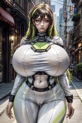 1girls ai_generated bodysuit bursting_breasts female_focus female_only goddess_of_victory:_nikke guilty_(nikke) huge_breasts hyper_breasts looking_at_viewer massive_breasts multicolored_hair purple_eyes seductive_look stable_diffusion thigh_gap top_heavy voluptuous_female