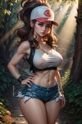 1girls ai_generated denim_shorts female_focus female_only hilda_(pokemon) hot_ai_angels huge_breasts nintendo pokemon seductive stable_diffusion voluptuous voluptuous_female