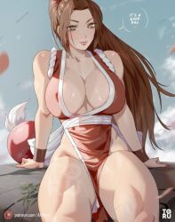 1girls arm_support artist_logo artist_name arttoru athletic athletic_female ball bare_shoulders big_breasts breasts brown_eyes brown_hair cleavage closed_mouth english_text fatal_fury high_ponytail japanese_clothes king_of_fighters large_breasts leaf long_hair mai_shiranui muscle_girl muscular_thighs ninja patreon_logo patreon_username pelvic_curtain ponytail revealing_clothes rock rope sitting snk solo speech_bubble text text_bubble thick_thighs thighs very_thick_thighs wrist_guards