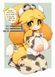 1girls animal_crossing anthro breast_milk breasts canine cow_print dialogue english_text female femsub furry happy_sub hips huge_breasts isabelle_(animal_crossing) lactating lactation milk nintendo slider slugbox thick_thighs thighs wide_hips yellow_body