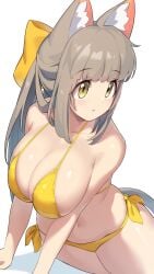 animal_ear_fluff bikini brown_eyes cat_ears cat_tail catgirl cute expressionless facing_away grey_hair huge_breasts looking_away original original_character sitting sitting_on_floor yellow_bikini yokoyama_stp