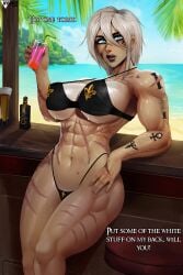 1girls abs adepta_sororitas alternate_version_available beach big_breasts black_lips blue_eyes blue_sky breasts drink english_text female female_focus female_only hand_on_own_hip high_resolution holding holding_drink large_breasts muscle_mommy muscular muscular_female nude nyuunzi palm_tree scar scar_on_face scar_on_shoulder short_hair sister_of_battle skull sky solo sweat swimsuit tagme tattoo tattoo_on_arm tree varity_(40k_oc) very_high_resolution warhammer_(franchise) warhammer_40k wet white_hair