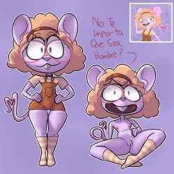 femboy furry furry_only glasses male male_only nervous nervous_smile nervous_sweat open_legs original_character overalls pink_fur rat rule_63 small_penis spanish_dialogue spanish_text striped_legwear striped_shirt sweating yerolay