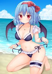 1girls 2020s 2023 bare_legs barefoot bat_wings beach bikini black_bikini blue_hair blush bow breasts closed_mouth collarbone detached_sleeves female frilled_bikini frilled_sleeves frilled_straps frilled_wrist_cuffs frills full_body hairband hairbow hands_up jewelry kneeling light-skinned_female light_skin looking_ahead medium_breasts navel necklace red_bow red_eyes red_hairband remilia_scarlet sand short_sleeves side-tie_bikini_bottom sitting sleeveless smile solo stomach strap_lift suigetsu_(watermoon-910) swimsuit thigh_strap thighs touhou wariza water wings wrist_cuffs