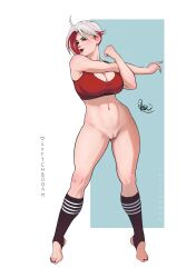 1girls abs beauty_mark bottomless child_bearing_hips dandon_fuga female gym_clothes large_breasts looking_at_viewer multicolored_hair muscle_girl naked naked_female original original_character pussy red_hair red_lipstick red_nail_polish rose_(dandon_fuga) socks solo solo_female sports_bra stretching thick_thighs white_hair