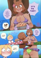 1boy 1boy1girl animal_ears animal_tail ass bikini blonde_hair blush breasts brown_hair comic dialogue english_text female huge_breasts human humanized humanoid large_breasts lightsource sandy_cheeks spongebob_squarepants spongebob_squarepants_(character) squirrel_tail straight tagme