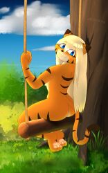 anthro ass blonde_hair blue_eyes breasts catsockjus cloud felid female fur grabbing_object grass hair hi_res hindpaw lily_(catsockjus) looking_at_viewer looking_back mammal multicolored_body multicolored_fur orange_body orange_fur outside pantherine paws plant side_boob sky smile smiling_at_viewer solo striped_body striped_fur stripes swing tail tiger tree two_tone_body two_tone_fur