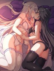 2girls ass breasts cleavage duo duo_female duo_focus elf elf_female emilia_(re:zero) female/female female_focus female_only gray_hair half_naked holding_arm kissing lesbian_couple lesbian_domination lesbian_kiss lying_on_side melinda_(re:zero) multiple_girls on_bed re:zero_kara_hajimeru_isekai_seikatsu sex silver_hair thick_thighs underwear yuri zerobarto