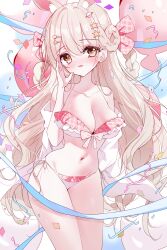 balloon braid braided_hair bunny_ears confetti frilled_bikini hairbow large_breasts light_brown_eyes light_brown_hair skinny slender_waist smile tandohark very_long_hair whispering