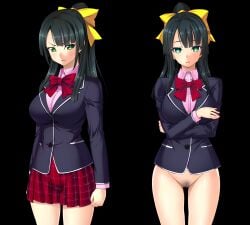 1girls angry before_and_after black_hair brainwashing empty_eyes green_eyes half_naked hypnosis looking_at_viewer mind_control no_panties oosaki_shin'ya personality_change pubic_hair ribbon saimin_gakuen_1-nensei saimin_gakuen_2-nensei saimin_gakuen_3-nensei school_uniform short_skirt skirt_removed tagme