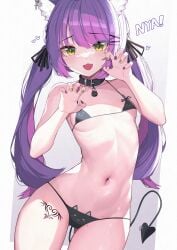 >w< :3 :3d beauty_mark cat_smile cat_tail collar devil_tail heart holoforce hololive hololive_japan micro_bikini nya open_mouth painted_fingernails painted_nails paw_pose petite rawr small_breasts tattoo tokoyami_towa virtual_youtuber