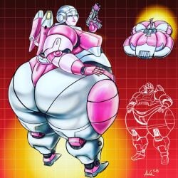 1girls arcee arcee_(g1) bbw boobs_and_butt_pose fat fat_ass fat_belly fat_robot female holding_gun huge_ass huge_hips obese obese_female overweight overweight_female pink_body ray_norr solo solo_female ssbbw transformers transformers_g1 weight_gain wide_hips