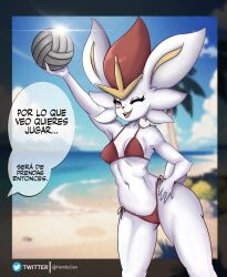 2d anthro artist_request beach bikini breasts bunny_ears cinderace clothing dialogue female female_cinderace female_only fur furry furry_only generation_8_pokemon lagomorph lagomorph_humanoid nintendo pink_eyes pokémon_(species) pokemon pokemon_(species) solo spanish_text text trees volleyball volleyball_(ball) water white_fur winking