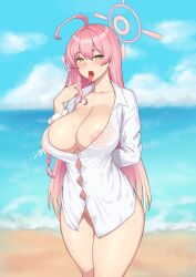 1girls beach big_breasts blue_archive breasts busty cleavage curvaceous curvy curvy_body curvy_female curvy_figure female green_eyes hanako_(blue_archive) hanako_(swimsuit)_(blue_archive) huge_breasts large_breasts long_hair naughty_face nipples nipples_visible_through_clothing pink_hair seductive_mouth tongue tongue_out trinity_general_school_student voluptuous white_shirt zb_(xucz8527)