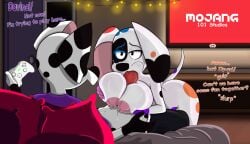 101_dalmatian_street 101_dalmatians anthro anthrofied barbouille bed before_sex big_ass big_breasts big_butt big_penis blanket blowjob breast_squish breasts canid canine canine_genitalia canine_penis canis console d-pad_(101_dalmatians) d-pad_(whitewolf20xx) da_vinci_(101_dalmatians) dark_room dialog dialogue dialogue_box disney distracted female games gaming grabbing grabbing_breasts heat horny in_heat long_ears maid male male/female masturbating masturbation oc paizuri pillow pillows servant spots spotted_body spotted_fur squish tail teasing text text_box text_bubble titjob white_body white_fur white_hair white_skin