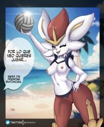 2d aceburn anthro artist_request beach breasts cinderace dialogue female female_cinderace female_only fur furry furry_only generation_8_pokemon lagomorph nintendo pokémon_(species) pokemon pussy solo spanish_text text vagina white_fur