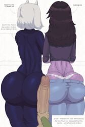 anthro ass ass_cleavage big_butt big_penis blue_bottomwear blue_clothing blue_dress blue_pants bottomwear bovid brown_hair butt_crack butt_focus caprine clothed clothing deltarune denim denim_clothing disembodied_hand disembodied_penis dress female floppy_ears fur genitals goat green_clothing green_shirt green_topwear group hair hi_res holding_penis horn huge_butt huge_cock human jayden_jayo22 jeans kris_(deltarune) long_ears long_hair male male/female mammal open_bottomwear open_clothing open_pants pants partial_male penis purple_body purple_skin rear_view reptile scalie shirt simple_background stealth_masturbation susie_(deltarune) tan_body tan_skin thong thought_bubble tight_bottomwear tight_clothing tight_pants topwear toriel trio undertale_(series) underwear white_body white_clothing white_fur white_hair white_underwear