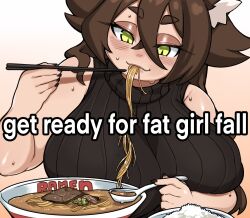 1girls 2d artist_self-insert belly big_breasts brown_hair cat_ears cat_tail catgirl chubby chubby_female clothes_lift cute eating english_text fangs fat_woman female female_only food green_eyes hi_res huge_breasts light-skinned_female light_skin long_hair looking_at_viewer meme narrowed_eyes open_mouth original_character pale-skinned_female pale_skin paperrose slightly_chubby solo sweater tail thick thick_thighs wholesome