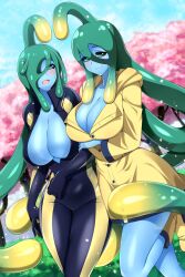 2girls big_breasts blue_skin bodysuit breasts female female_only goo_girl green_eyes green_hair lindaroze monster_girl monster_musume_no_iru_nichijou raincoat slime_girl smiling suu_(monster_musume) tagme tentacle_hair voluptuous voluptuous_female