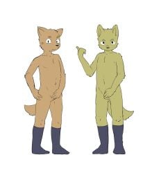 2020 4_fingers anthro ass balls brown_body brown_fur canid canine canis clothing domestic_dog duo eyebrows fingers footwear footwear_only fur genitals gesture hi_res hiding_penis male mammal mostly_nude navel nekotanyanneko pointing pointing_back serious simple_background socks socks_only tail white_background young