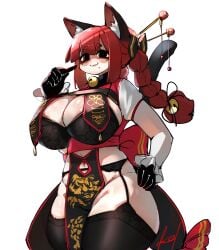 1girls :3 areolae_slip big_breasts braided_twintails braids breasts cat_ears catgirl cleavage crr001 gloves hand_on_hip lifted_shirt light-skinned_female mole mole_under_eye mole_under_mouth mostly_clothed red_hair rin_kaenbyou signature solo solo_female thick_thighs thighs touhou white_background