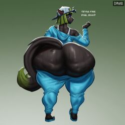 anthro ass big_ass bodily_fluids bottom_heavy cellulite clothing female green_hair hair hi_res huge_ass looking_at_viewer mammal overweight rodent sciurid simple_background sinkhaffa squigga squirrel sweat sweaty_butt thick_thighs tree_squirrel wide_hips