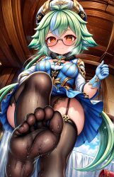 1girls 5_toes ai_generated bed bedroom big_breasts black_legwear breasts cleavage clothed feet feet_up female female_focus female_only foopanthia foot_fetish foot_focus from_below genshin_impact glasses green_hair legwear looking_at_viewer looking_down one_eye_closed open_mouth orange_eyes pov self_upload smile sole_female soles soles_of_feet_in_socks solo standing stepped_on stockings sucrose_(genshin_impact) thick_thighs thighs toes wet