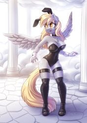 2023 absurd_res anthro anthrofied black_clothing black_leotard blonde_hair boots bow_(feature) bow_in_front bow_tie breasts bunny_costume chest_tuft clothing costume cuffs_(clothing) cutie_mark dandy_(artist) derpy_hooves equid equine eyebrow_through_hair eyebrows eyelashes fake_ears fake_rabbit_ears feathered_wings feathers female footwear friendship_is_magic glistening grey_body grey_feathers hair hasbro hi_res inner_ear_fluff legwear leotard long_hair mammal my_little_pony open_mouth pegasus solo tail thigh_boots thigh_highs translucent translucent_hair tuft unguligrade_anthro wings yellow_eyes yellow_tail