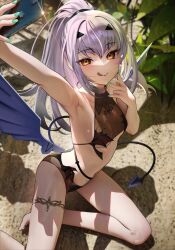 1girls absurd_res armpits bikini black_bikini breasts brown_eyes cellphone dragon_wings fate/grand_order fate_(series) fingernails forked_eyebrows green_nails high_ponytail highres holding holding_object licking_lips long_hair looking_at_viewer melusine_(fate) nail_polish nanaken_nana phone selfie sidelocks small_breasts smile smug solo swimsuit tail thighlet thighs tongue tongue_out white_hair wings