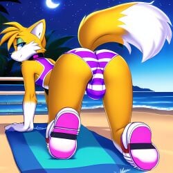 1boy ai_generated all_fours anthro ass_focus beach big_ass big_butt blonde_hair blue_eyes bulge bulge_through_clothing canine canis collar crop_top dipstick_tail eyeshadow femboy feminine_tails fluffy_tail fox girly mammal medium_hair moon moonlight night novelai ocean panties sea seaside smile smiling smiling_at_viewer sonic_(series) sonic_the_hedgehog_(series) starry_sky stars tail tails yellow_fur