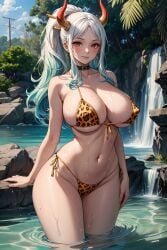 1girls ai_generated alternate_costume bangs bare_shoulders big_breasts bikini blue_hair breasts brown_eyes cleavage clothed clothing collar collarbone curvy day demon ear_piercing earrings eyelashes female female_focus female_only gradient_hair hi_res highleg highleg_swimsuit highres hips hoop_earrings horn horned_humanoid horns human humanoid large_breasts leopard_print light-skinned_female light_skin lips long_hair looking_at_viewer micro_bikini multicolored_hair navel nipple_bulge nipples_visible_through_clothing one_piece oni oni_horns orange_eyes outside parted_bangs pinup plant ponytail pool revealing_clothes shimoshin shiny_skin sideboob simple_background skimpy skindentation smile solo solo_female stable_diffusion swimsuit teal_hair thick_thighs thighs tied_hair tree two_tone_hair underboob voluptuous water waterfall wet white_hair wide_hips yamato_(one_piece) yokai