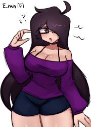 big_breasts black_hair bra_strap breasts choker cleavage e_rain erainnn friday_night_funkin glasses hand_gesture long_hair looking_at_viewer open_mouth question_mark shorts thick_thighs thighs vade_(themaskedchris)