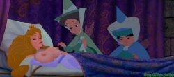 3girls aurora_(sleeping_beauty) bed big_breasts breasts disney disney_princess edit fauna_the_fairy female female_only merryweather_the_fairy multiple_girls nipples princess royalty screenshot_edit sleeping sleeping_beauty_(1959_film)