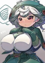 big_breasts blush embarrassed female female_only frown fully_clothed green_hair hat headgear headwear kingofbandit156 looking_at_viewer made_in_abyss necktie necktie_between_breasts prushka red_eyes short_hair solo sweat tsurime two_tone_hair white_hair