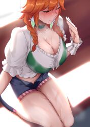 1girls braided_hair choker closed_eyes drunktatsu earrings fanning_self flushed green_bra hololive hololive_english hololive_myth open_shorts red_hair short_shorts sweat sweating sweaty_breasts sweaty_clothes sweaty_face sweaty_legs takanashi_kiara virtual_youtuber wet_clothes white_shirt