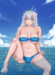 barefoot bikini breasts female fiona_(tower_of_fantasy) highres long_hair looking_at_viewer navel ocean opal_wish swimsuit tower_of_fantasy water