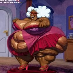 4k ai_generated bbw belly_button big_belly cellulite gigantic_belly gilf glasses grandmother granny gray_hair highres large_breasts matronai_(artist) old older_female patreon patreon_username pinup ready_to_pop ssbbw stable_diffusion suga_mama_proud the_proud_family thick thick_ass thick_hips thick_legs thick_thighs twitter_username wide_hips