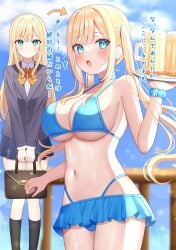 !? 1girls 2022 alcohol arm_up arrow bag beer beer_mug bikini blonde_hair blue_bikini blue_eyes blush breasts choker cleavage clothed clothing cup earrings embarrassed eyebrows_visible_through_hair female female_only frilled_skirt frills frown full_body fully_clothed glass highleg highleg_bikini highres holding_tray jacket japanese_text jewelry kneehighs large_breasts long_hair long_twintails microskirt miniskirt mizukoshi_(marumi) mug multiple_views navel open_mouth original outdoors pleated_skirt school_bag school_uniform scrunchie serafuku shirt skirt sky solo standing star_earrings surprised sweat sweatdrop swimsuit teeth text thighs thong tied_hair tongue translated tray twintails underboob uniform v_arms very_long_hair waitress