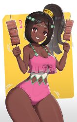 1girls absurdres alternate_costume breasts cleavage dark-skinned_female dark_skin female female_only fire_emblem fire_emblem_engage flower food gonzarez grin hair_flower hair_ornament highres holding holding_food holding_skewer long_hair looking_at_viewer meat navel nintendo official_alternate_costume one-piece_swimsuit pink_one-piece_swimsuit pink_swimsuit ponytail red_eyes simple_background skewer smile solo swimsuit thick_thighs thighs timerra_(fire_emblem)