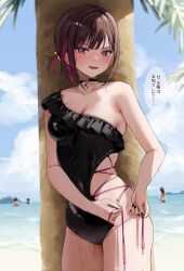 beach brown_hair chigusa_minori choker collar colored_inner_hair cowboy_shot dialogue frilled_bikini full-face_blush gradient_eyes medium_breasts nervous nervous_smile painted_nails removing_clothing shirayuki_ren string string_bikini swimsuit thick_thighs translation_request wet_skin wide_hips