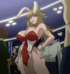 1girls angel_blade angel_blade_punish anime_screencap ass blonde_hair blue_eyes breasts bunny_ears bunnysuit cleavage hips large_breasts multiple_males ova screencap tachibana_hazuki thick_thighs thighs wide_hips