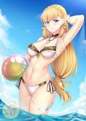 1girls alternate_costume armpits ball bangs bare_midriff bare_thighs beach_ball bikini blonde_hair braid breasts cleavage female female_only fire_emblem fire_emblem_cipher fire_emblem_heroes green_eyes long_hair looking_at_viewer medium_breasts midriff nabunabu nintendo ocean official_alternate_costume orb outdoors sharena_(fire_emblem) smile solo swimsuit thighs very_long_hair water white_bikini white_swimsuit