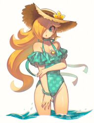 :o arm_grab blonde_hair blue_eyes blue_swimsuit bracelet choker cute flower_on_hat hair_over_one_eye mario_(series) nintendo one-piece_swimsuit painted_nails pink_nails princess_rosalina ribbon star_earrings sun_hat super_mario_galaxy tagme very_long_hair water yellow_flower