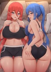 2girls alyssa_(specktech) ass ass_grab black_one-piece_swimsuit blue_eyes blue_hair blue_one-piece_swimsuit blush breasts cleavage commentary commission competition_swimsuit crop_top english_commentary grabbing_own_ass large_breasts light-skinned_female light_skin long_hair looking_at_viewer looking_back lying marina_(specktech) multiple_girls navel on_back one-piece_swimsuit open_mouth original pointy_ears ponytail red_hair ryakusun second-party_source skeb_commission sports_bra sportswear sweat swimsuit two-tone_one-piece_swimsuit