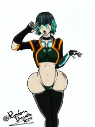 ass_tattoo earrings fumio_shiki_(randomdraws) green_eyes green_hair green_lipstick huge_ass huge_breasts huge_hips jacket latex_thighhighs lipstick mechanical_arm neon original_character randomdraws tattoo